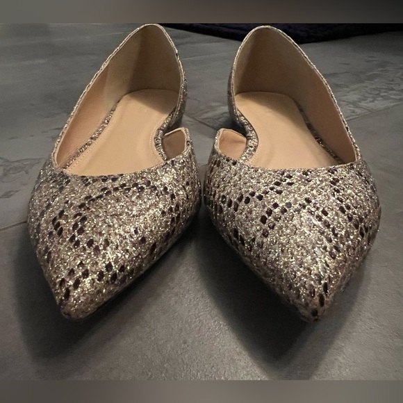 J Crew Glitter Snakeskin D’Orsay dorsay Audrey Flats Size 7 Gold Bown EUC - Picture 2 of 9